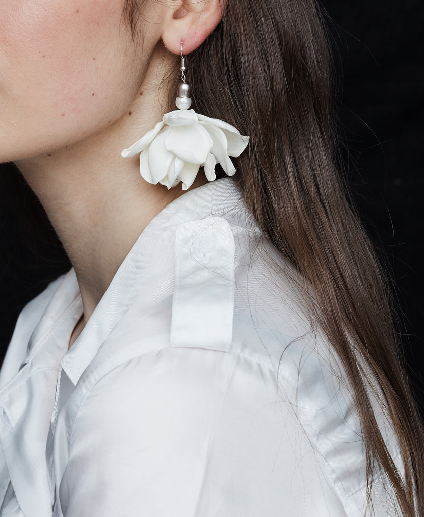 white ceramic flower single earring plastic upcycled accessory bridal floral ivory white